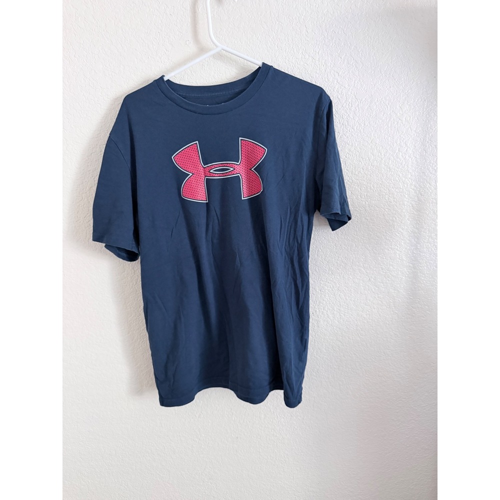 Under Armour HeatGear Mens Medium Navy Blue Red Graphic Logo Tee Loose Fit Shirt